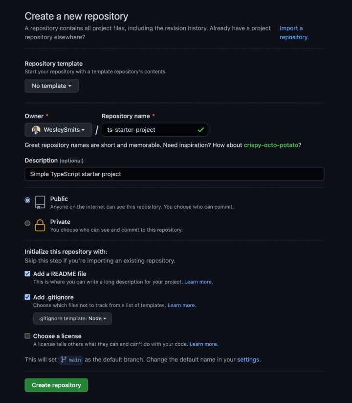 GitHub ‘Create a new repository’ page showing repository name ‘ts-starter-project’ with README and Node .gitignore options selected.
