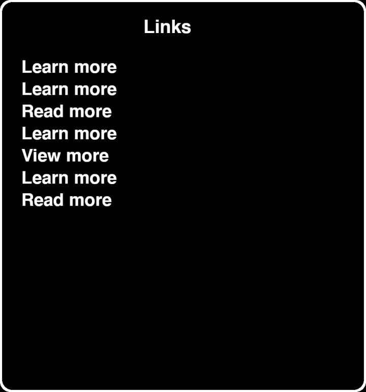 Screenshot of a list of links on a page as shown by a screen reader.